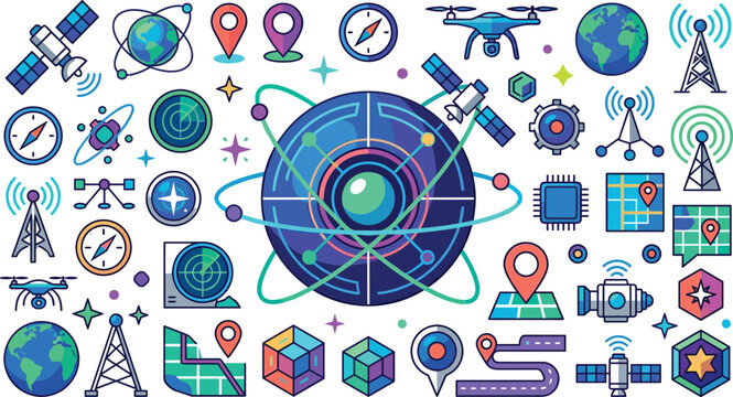 Global positioning system GPS technology vector icon set featuring navigation satellites maps drone tracking and telecom towers for GIS network infographics