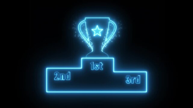 Glowing Blue Neon Particles Trophy Award Cup on Winners Podium Animation with Star on Black Background
