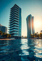 Fototapeta premium Modern high-rise buildings by water at sunset