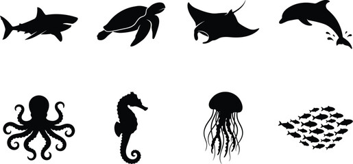 Set of black silhouettes of diverse sea animals including shark, turtle, ray, dolphin, octopus, seahorse, jellyfish, and school of fish. © Sohel