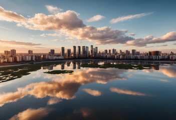 Fototapeta premium Aerial view of city skyline reflected on water at golden hour