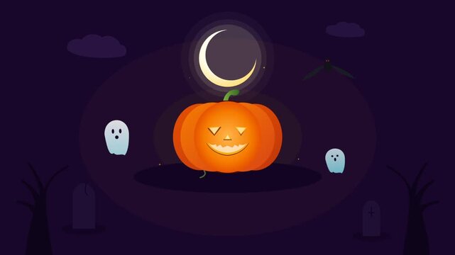 Animated jack-o'-lantern pumpkin glows at night in spooky graveyard