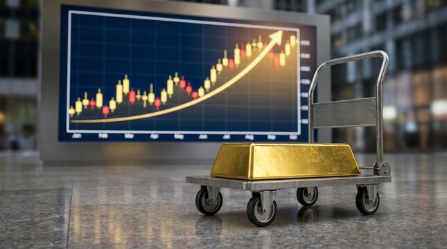 Trolley with gold bullion and glowing candlestick chart background, finance and investment concept featuring market analysis, wealth protection and trading strategy