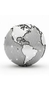 Glossy gray globe with highlighted continents on white background.