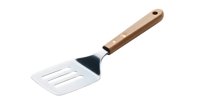 Stainless steel slotted spatula with bamboo handle isolated on transparent background