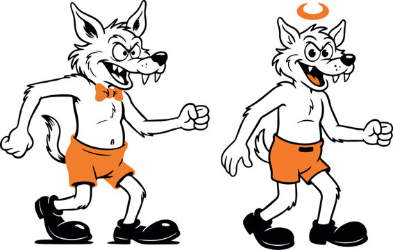 Cartoon werewolf characters in orange shorts and black shoes