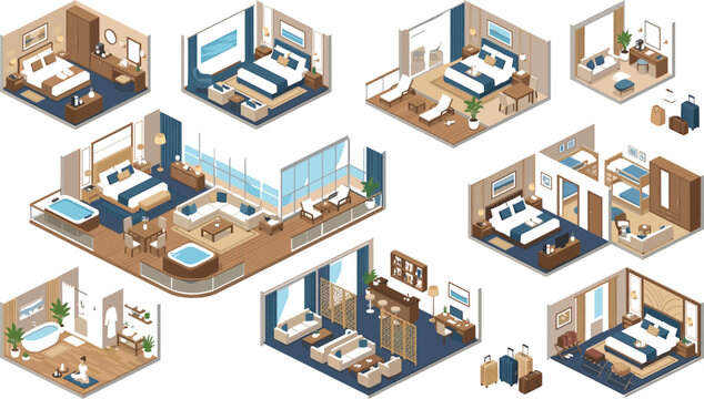 Luxury hotel rooms and cruise ship suites isometric vector set featuring bedroom interiors penthouse terrace spa bathroom and lounge for hospitality branding templates