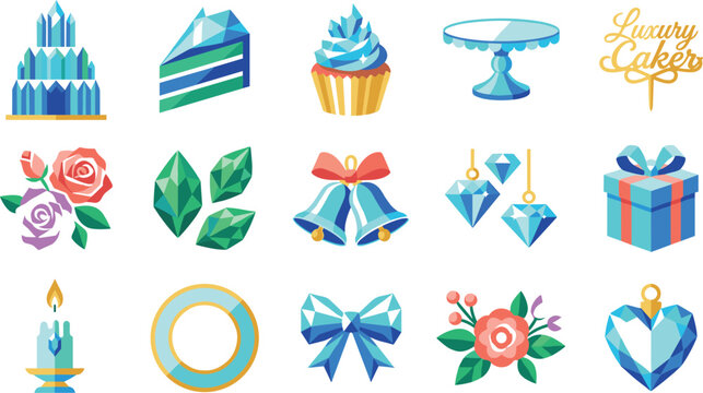 Luxury wedding celebration vector icon set featuring crystal cakes cupcakes emerald leaves wedding bells diamond earrings and gift boxes for bridal boutique branding