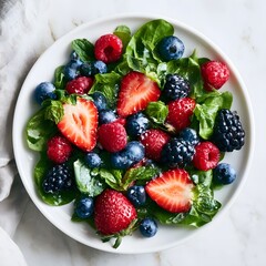 Fototapeta premium Overhead View of Fresh Mixed Berry Salad with Spinach Leaves