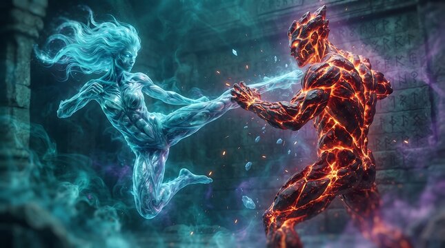 Ice and fire elemental characters fighting fantasy illustration