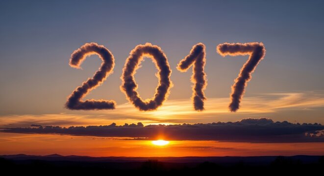 Glowing 2017 Fireworks Over Sunset Landscape Horizon.