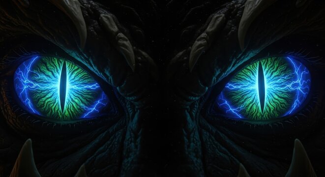 Glowing Alien Eyes in Dark Mysterious Background.