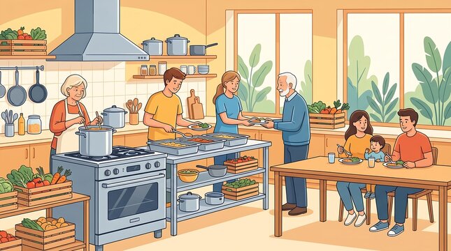 Volunteers Serving Hot Food in Charity Kitchen Vector Illustration