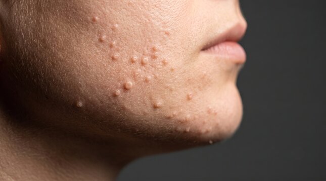 Close up side view of woman chin skin with cluster of molluscum contagiosum papules