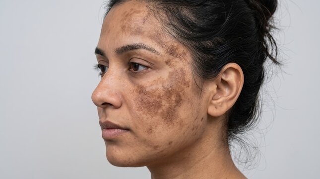 Side view of woman face with severe melasma and dark brown skin pigmentation patches