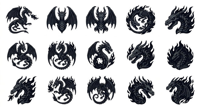 Collection of Black Dragon Silhouettes in Various Poses and Styles.