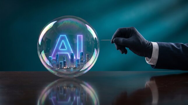 AI technology bubble with futuristic city inside and businessman holding needle, digital innovation risk concept featuring market volatility and economic uncertainty