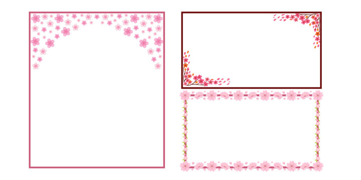 Sakura Cherry Blossom Frame Set Vector - Pink Floral Border for Wedding Invitation and Greeting Card