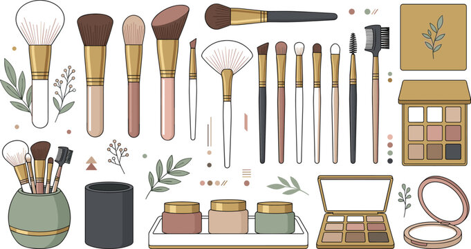 Professional makeup brushes and eyeshadow palette cosmetics vector illustration set for beauty salon branding and commercial product marketing campaigns