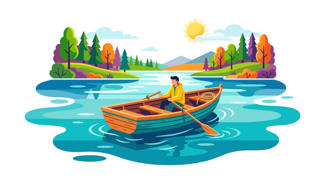 A person rowing a wooden boat on calm water.