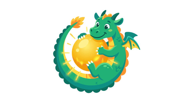 A cute green dragon character hugging a glowing golden sun sphere.