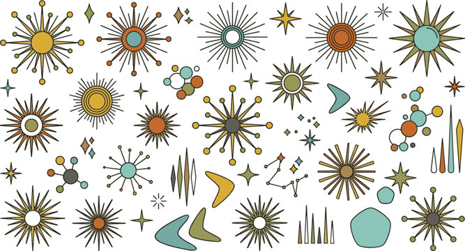 Retro mid century modern design elements illustration set featuring atomic starbursts sunbursts boomerangs and stars for vintage branding and pattern design