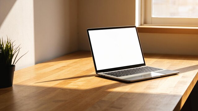Laptop Mockup with Empty Screen on a Bright Wooden Office Desk