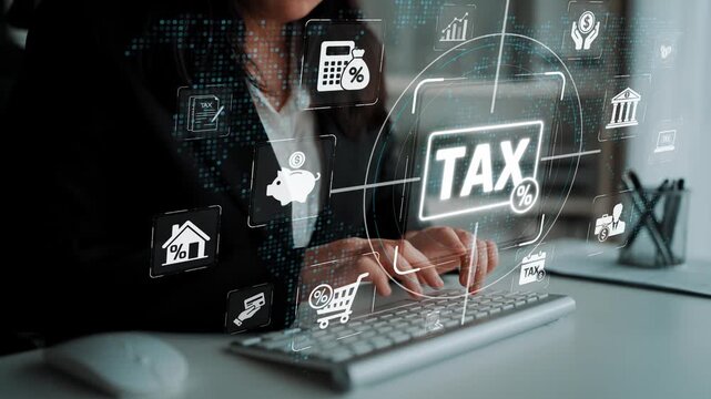 Professional Businesswoman Analyzing Tax Data with Digital Symbols Representing Finance and Accounting Concepts in Modern Office Environment Sigmoid