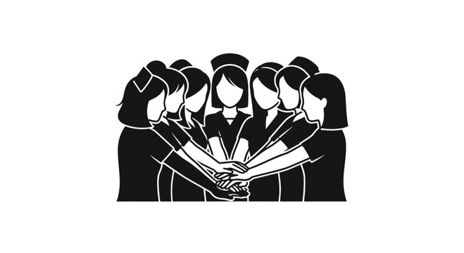 Group of nurses joining hands in a symbol of unity and professional collaboration.