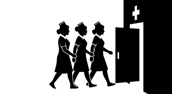 Silhouette of three nurses walking into a hospital building.