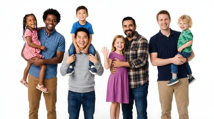 Obraz premium A diverse group of families posing happily, with parents holding their children and showcasing their love and togetherness.