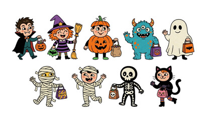 Fototapeta premium Retro Halloween Kids Character Set with Vampire Witch Pumpkin Head and Monster Costumes Vector