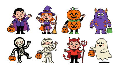 Fototapeta premium Groovy Retro Halloween Character Pack with Kids in Funny Spooky Costumes Vector