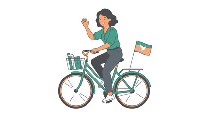 Fototapeta premium A young woman riding a green bicycle and waving her hand.