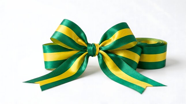 A vibrant green and yellow striped ribbon tied into a festive bow, accompanied by a roll of the same ribbon.
