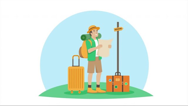 Happy traveler holding a map with luggage, passport, tickets, and tropical scenery. animation illustration for vacation, tourism, backpacking, summer holiday, travel planning, and adventure design.