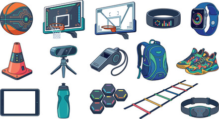 Smart basketball training and sports technology vector icon set featuring electronic basketball digital backboards smartwatches agility ladders and coaching tracking cameras © AdhinChandra