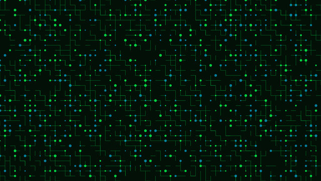 Dense digital network pattern with green and blue dots and connecting lines