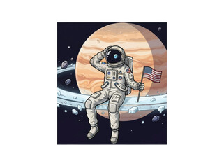 Retro Styled Astronaut Lounging Casually On Planetary Rings Of Saturn Holding Small American Flag While Gazing At Earth With Asteroids Floating Nearby Vector Illustration © ndomble