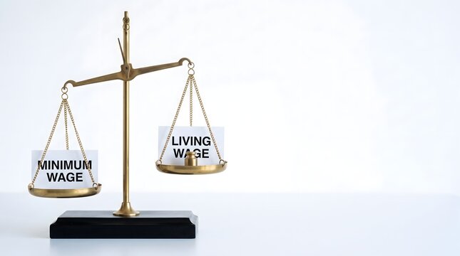 Brass balance scale with minimum wage pan lower than living wage pan with small corrective weight on white surface, ESG social equity living wage corporate responsibility governance concept art