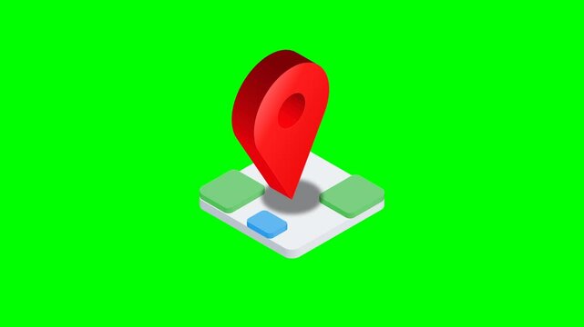 Animated Location Pin Drop - Isometric Map Icon on Green Screen