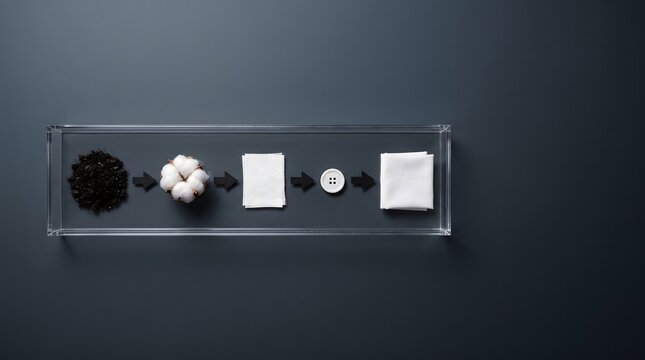 Clear acrylic tray with supply chain sequence of soil cotton boll fabric button and finished material with arrows on dark slate surface, ESG supply chain transparency traceability corporate