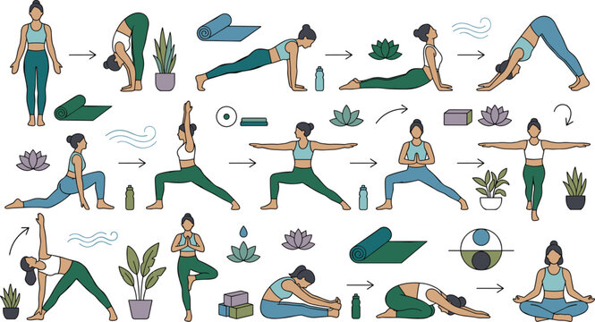 Sun salutation and vinyasa yoga flow sequence positions vector illustration bundle for step by step fitness training and wellness studio advertising