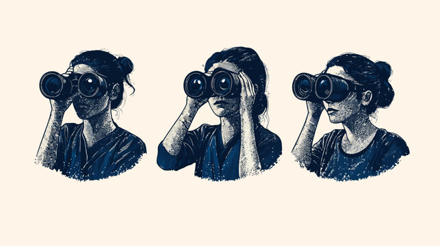 Three stylized portraits, women viewing through binoculars against a neutral background