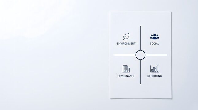 White document sheet with four-quadrant ESG framework infographic showing environment social governance reporting icons in navy on white surface, CSRD ESG disclosure corporate sustainability reporting