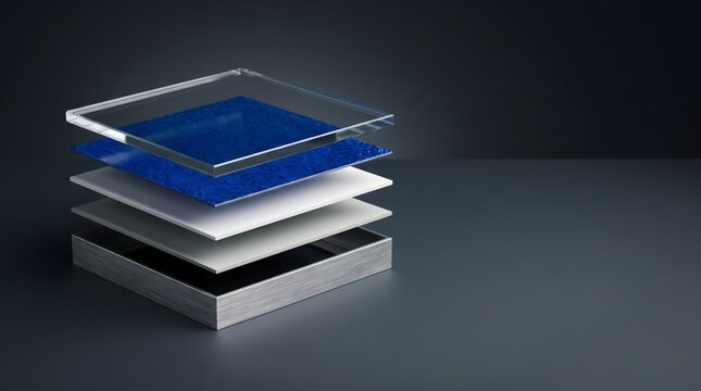 Exploded cross-section stack of solar photovoltaic cell layers glass blue cell polymer backsheet aluminium with air gaps on dark slate surface, ESG renewable energy solar technology corporate