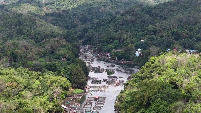 Aerial view of fish ponds in the Riam Kanan reservoir waters area