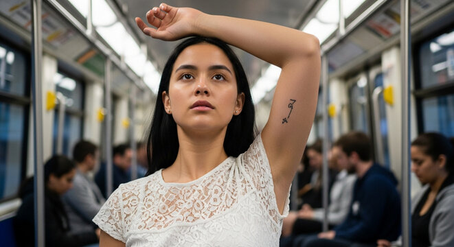 Exhausted young woman with tattoo commuting on urban public subway train