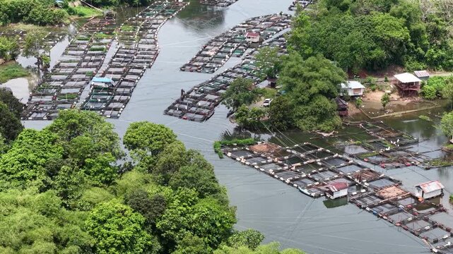 Aerial view of fish ponds in the Riam Kanan reservoir waters area