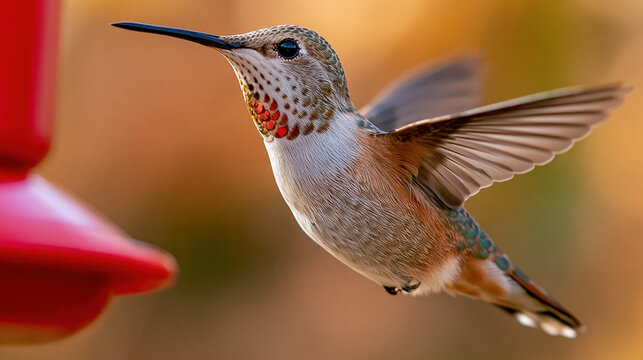 Frontal Hummingbird Portrait Hovering by Red Feeder in Soft Warm Garden Light